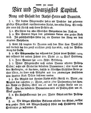 Vier und Zwanzigstes Capitul. Rang und Gehalt der Raths-Herrn und Beamten.