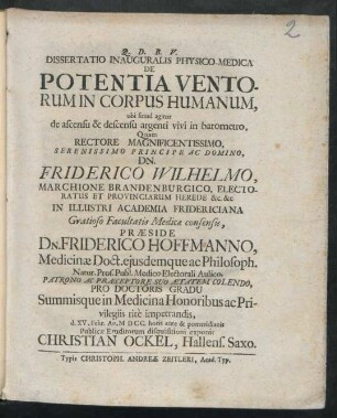 Dissertatio Inauguralis Physico-Medica De Potentia Ventorum In Corpus Humanum, ubi simul agitur de ascensu & descensu argenti vivi in barometro