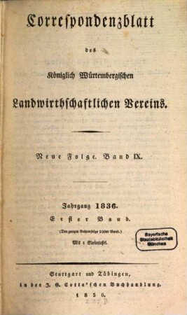 Correspondenzblatt des Königlich Württembergischen Landwirthschaftlichen Vereins. 1836 = N.F. Jg. 9