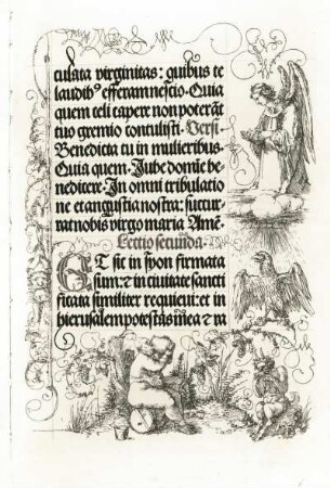 Seligpreisung Mariä : Dürer, Albrecht. Gebetbuch Kaiser Maximilians. Zweite Lesung. Seligsprechung Mariä. 39,7 x 28 cm (Blattgröße), 17,5 x 12,5 cm (Schriftsatz). Aus: Dürer, Albrecht: Aus dem Gebetbuch Kaiser Maximilians. Leipzig ohne Jahr, S. 15