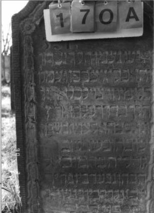 Grabstein 170 (Index: 100116406) Material: Sandstein Zustand: gut Maße HxBxT: 128x60x17 cm Beschreibung: Stele mit konkav eingezogenem Segmentbogenabschluß, eingetieftes Schriftfeld Symbolik: Cohanim-Hände, Ranken, Blüten: Grabstein 170A