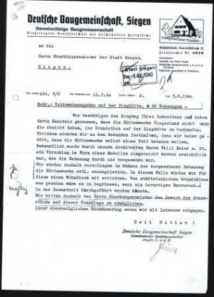 Firmenbriefkopf - Deutsche Baugemeinschaft, Siegen ( Gemeinnützige Baugenossenschaft )