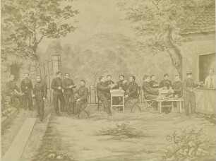 Unteroffiziere und Soldaten (fünfzehn Personen) des Regiments stehend oder sitzend in einem Gartenlokal vor Landschaftshintergrund