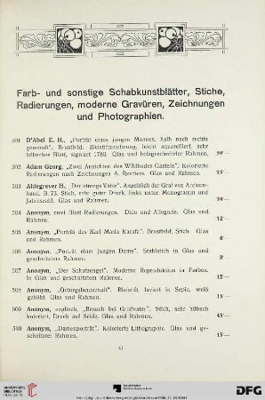 Farb- und sonstige Schabkunstblätter, Stiche, Radierungen, moderne Gravüren, Zeichnungen und Photographien (Nr. 501-569)