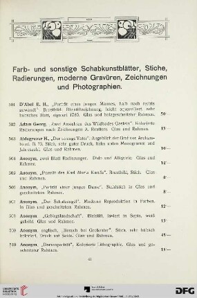 Farb- und sonstige Schabkunstblätter, Stiche, Radierungen, moderne Gravüren, Zeichnungen und Photographien (Nr. 501-569)