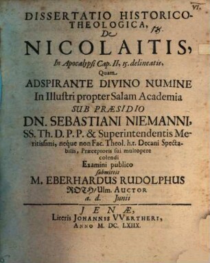 Dissertatio historico-theologica de Nicolaitis, in Apocalypsi cap. II, 15. delineatis