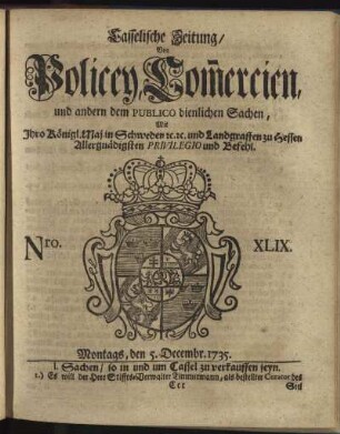 Nro. XLIX, Montags, den 5. Decembr 1735