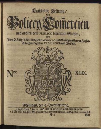 Nro. XLIX, Montags, den 5. Decembr 1735