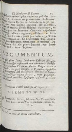 Argumentum. Cum per alias literas fascultatem Episcolo Meliaporensi ... Venerabili Fratri Episcopo Meliaporensi. Clemens PP. XI.
