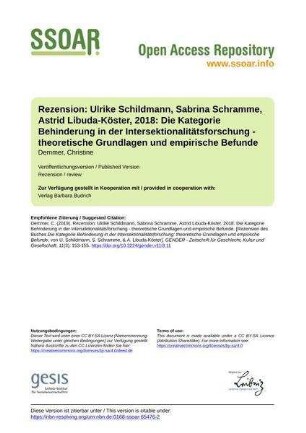 Rezension: Ulrike Schildmann, Sabrina Schramme, Astrid Libuda-Köster, 2018: Die Kategorie Behinderung in der Intersektionalitätsforschung - theoretische Grundlagen und empirische Befunde