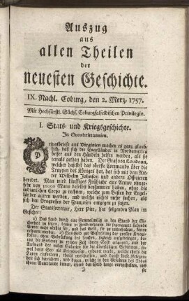IX. Nachl. Coburg, den 2. Merz, 1757.
