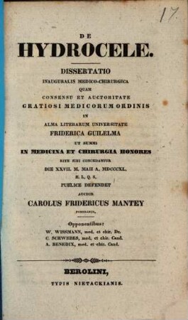 De hydrocele : dissertatio inauguralis medico-chirurgica