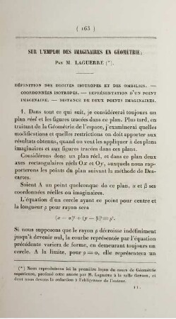Sur l'emploi des imaginaires en gémétrie.