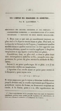 Sur l'emploi des imaginaires en gémétrie.