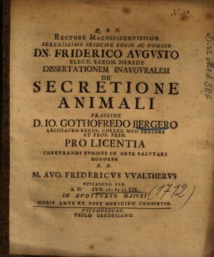 Dissertationem Inavgvralem De Secretione Animali
