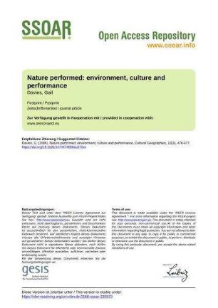 Nature performed: environment, culture and performance