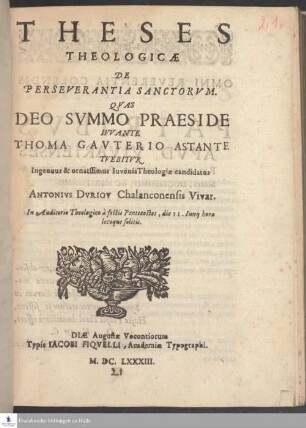 Theses Theologicæ De Perseverantia Sanctorvm