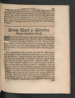 Königl. Maiest. zu Schweden Kriegs-Artickels-Brieff.