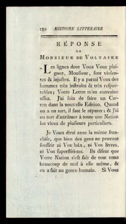 Réponse de Monsieur de Voltaire