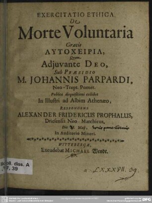 Exercitatio ethica de morte voluntaria Graecis aytocheiria