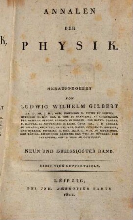 Annalen der Physik. 39 = N.F., Bd. 9. 1811