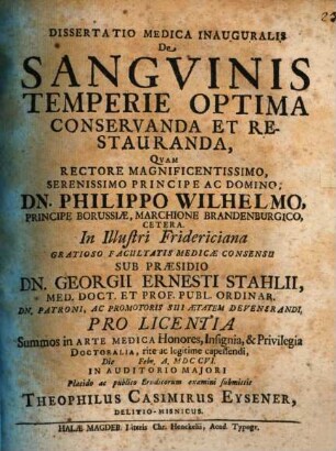 Dissertatio Medica Inauguralis De Sangvinis Temperie Optima Conservanda Et Restauranda