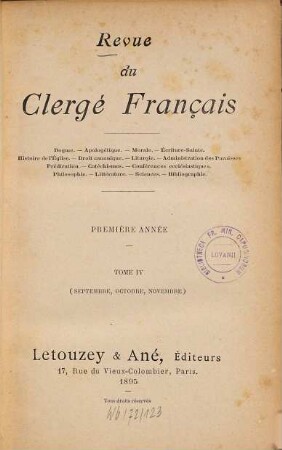 Revue du clergé français. 4. 1895 = Année 1