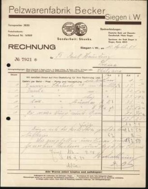Firmenbriefkopf Becker, Siegen i. W., Pelzwarenfabrik