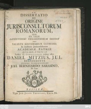 Dissertatio De Origine Jurisconsultorum Romanorum