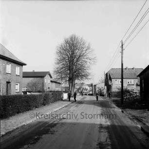Dorfring: links Hecke: dahinter Häuser: hinten Mitte Kinder auf der Straße: dahinter Baumreihe: rechts Strommast: dahinter Häuser