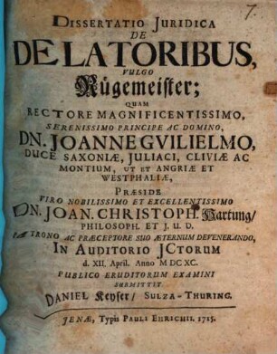Diss. iur. de delatoribus, vulgo Rügemeister