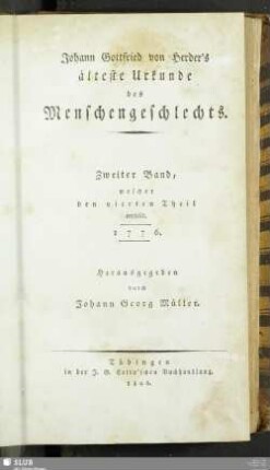 6: Älteste Urkunde des Menschengeschlechts : Zweiter Band, welcher den vierten Theil enthält. 1776