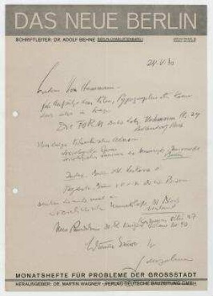Brief von Adolf Behne an Raoul Hausmann. Berlin