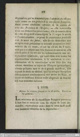 §. XVIII. Réponse des ministres français sur les 18 articles. 8 avril, 19 germinal