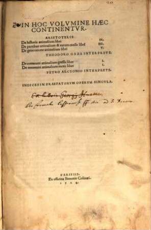 De animalium libri IX. De partibus animalium libri IV. De generatione animalium libri V