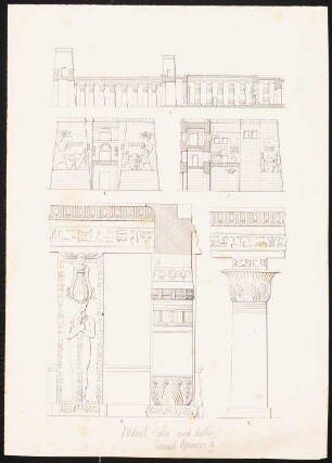 Totentempel des Ramses III. in Medinet Habu, Luxor (Theben-West): wie Inv.Nr. 44870,1: Längsprofil, Ansicht, Seitenansicht der Pylonen (von Inv.Nr. 44871), Details (nach Inv.Nr. 44872) (nach Anthes?)