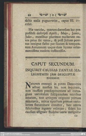 Caput Secundum. Inquirit Caussas Tantae Malignitatis Iam Descriptae Epidemiae