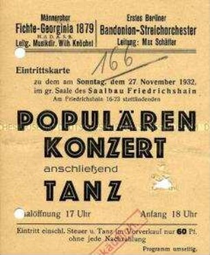 Eintrittskarte für ein Konzert des Männerchors Fichte-Georginia 1879 und des Ersten Berliner Bandonion-Streichorchesters