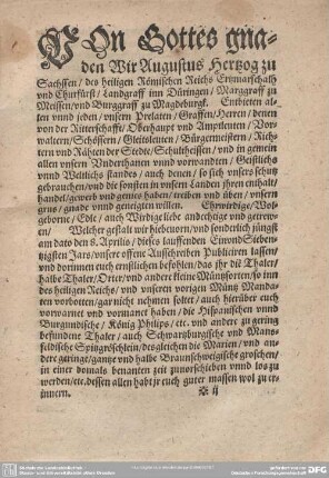 Von Gottes gnaden Wir Augustus Herzog zu Sachsen/...