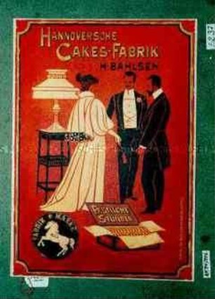 Werbeschild, beidseitiger Aufdruck "HANNOVERSCHE CAKES-FABRIK H. BAHLSEN FESTLICHE STUNDEN" (Abbildung einer Dame und zweier Herren in festlicher Kleidung)