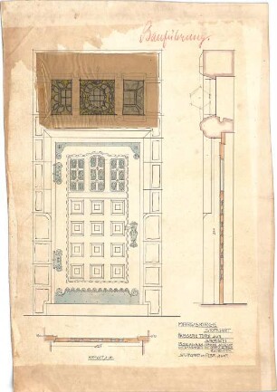 Dolmetsch, Heinrich; Stuttgart; Markuskirche - Äußere Tür zur Sakristei (Grundriss, Ansicht, Schnitt)