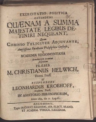 Exercitatio polit. ostendens quaenam a summa maiestate legibus definiri nequeant