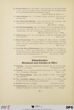 Schmucksachen, Kleinkunst und Arbeiten in Silber (Nr. 445-473)