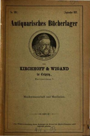 Antiquarisches Bücherlager von Kirchhoff & Wigand in Leipzig. 319. 1871