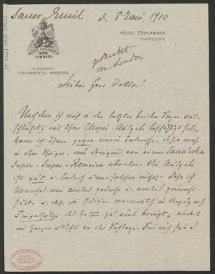 Brief an Ludwig Strecker und Ludwig Strecker (senior) und B. Schott's Söhne : 08.06.1910