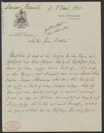 Brief an Ludwig Strecker und Ludwig Strecker (senior) und B. Schott's Söhne : 08.06.1910