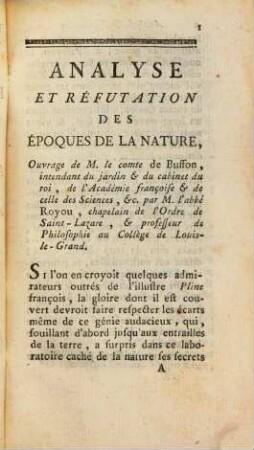 Le monde de verre réduit en poudre ou analyse et réfutation des époques de la nature de M. le Comte de Buffon