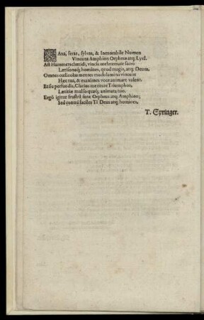 Dedikationsgedicht auf Andreas Hammerschmidt von T. Springer