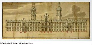 Entwurf für die Erweiterung des Dresdner Schlosses, Aufriß der Hauptfront. 2. Entwurf, Variante 2 (um 1712, M. D. Pöppelmann; Feder, Tusche, Wasserfarben; 43,4 x 102,8 cm). Sächsische Landesbibliothek – Staats- und Universitätsbibliothek Dresden, Handschriftensammlung, Mscr. Dresd. L. 4/Blatt 5