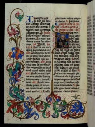 Historisierte Initiale: F(uit vir), heiliger Benedikt; Rankenbordüre